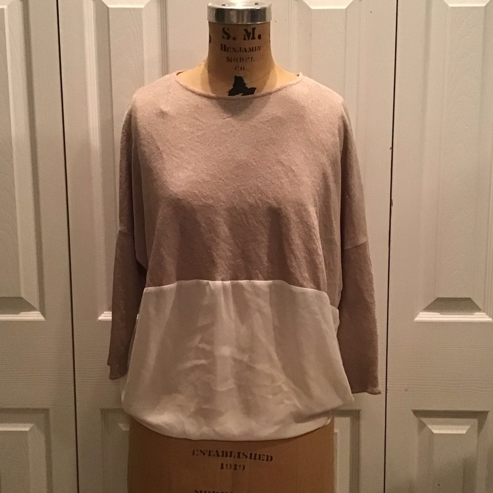 Tan and white color block sweater blouse